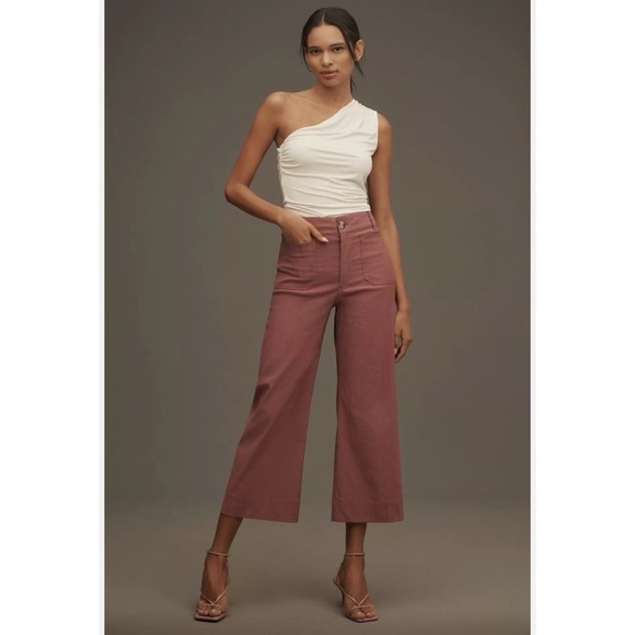 New Anthropologie The Colette Linen Pants Wide Leg Cropped Magic Mauve Taupe - Picture 12 of 13